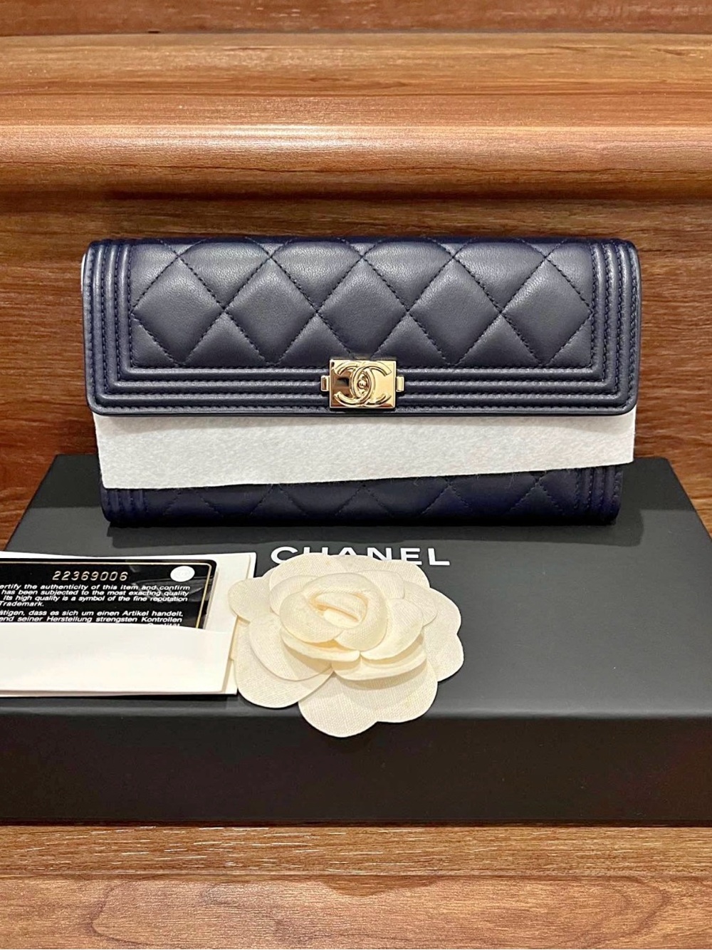 CHANEL Navy Quilted Wallet with Gold CC Closure